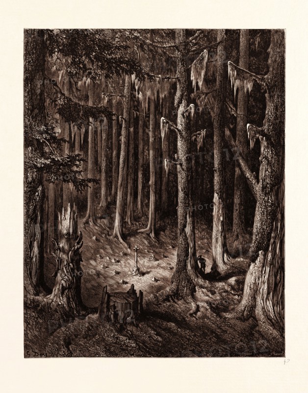 THE BURIAL-GROUND IN THE FIR-FOREST, BY GUSTAVE DORE. Gustave Dore, 1832 - 1883, French. fir tree, forest, romantic, romanticism, colour, color engraving