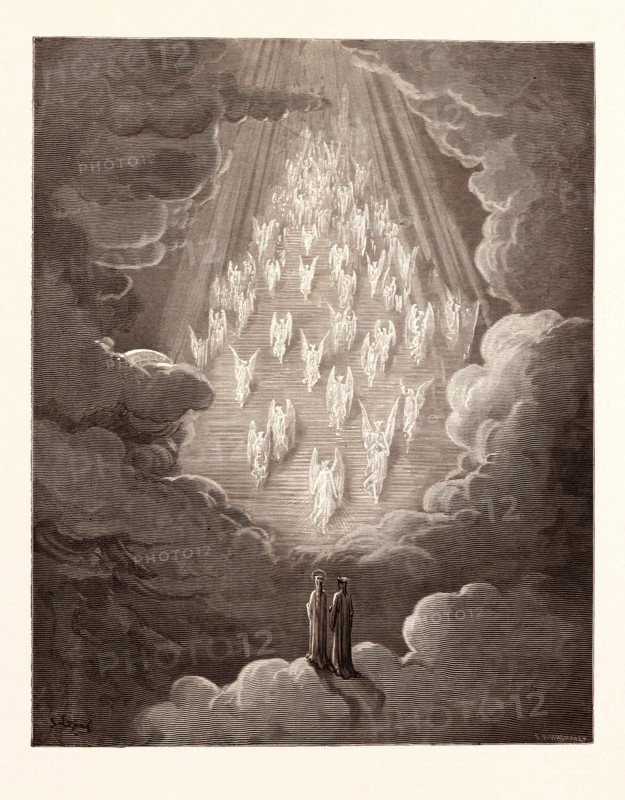 THE VISION OF THE GOLDEN LADDER, BY Gustave Doré. Gustave Dore, 1832 - 1883, French. Engraving for the Purgatorio by Dante. 1870, Art, Artist, Romanticism, colour, color engraving