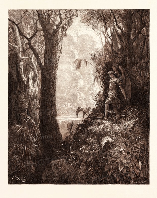 SATAN IN PARADISE, BY Gustave Doré. Gustave Dore, 1832 - 1883, French. Engraving for Paradise Lost by Milton. 1870, Art, Artist, romanticism, colour, color engraving