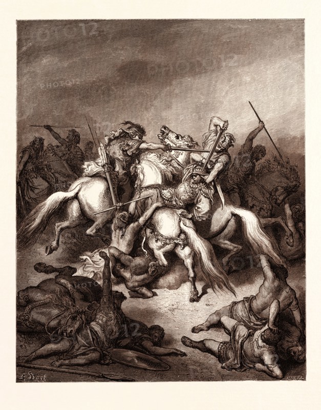 ABISHAI SAVING THE LIFE OF DAVID, BY Gustave Doré. Gustave Dore, 1832 - 1883, French. Engraving for the Bible. 1870, Art, Artist, holy book, religion, religious, christianity, christian, romanticism, colour, color engraving