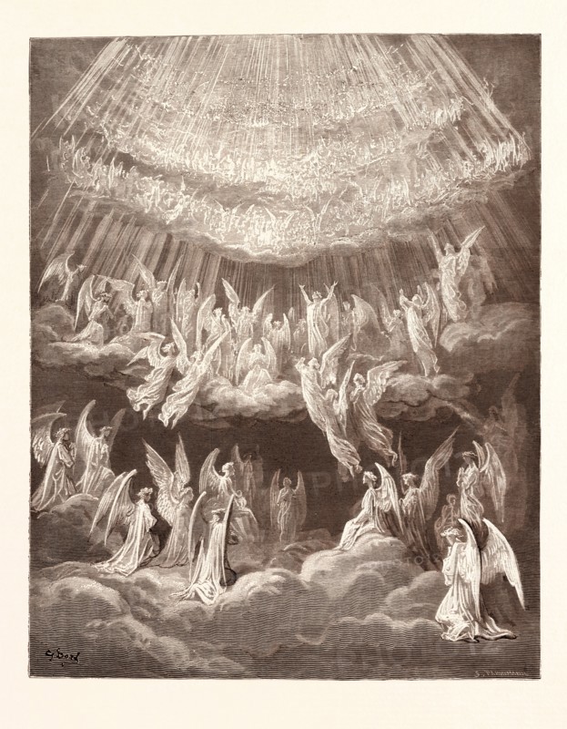 THE HEAVENLY CHOIR, BY Gustave Doré. Gustave Dore, 1832 - 1883, French. Engraving for Paradiso by Dante. 1870, Art, Artist, romanticism, colour, color engraving