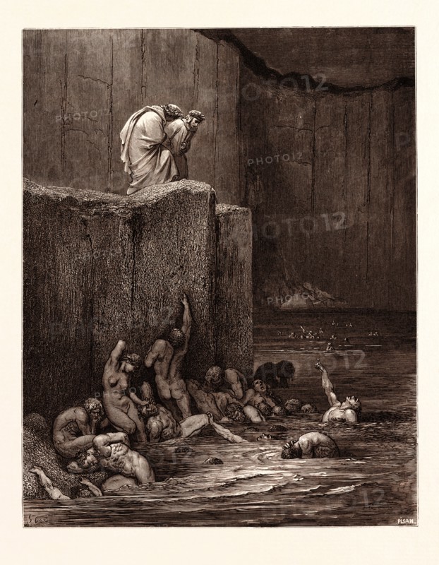 THE PUNISHMENT OF FLATTERERS, BY Gustave Doré. Gustave Dore, 1832 - 1883, French. Engraving for The Divine Comedy, Divina Commedia, by Dante. 1870, Art, Artist, romanticism, colour, color engraving