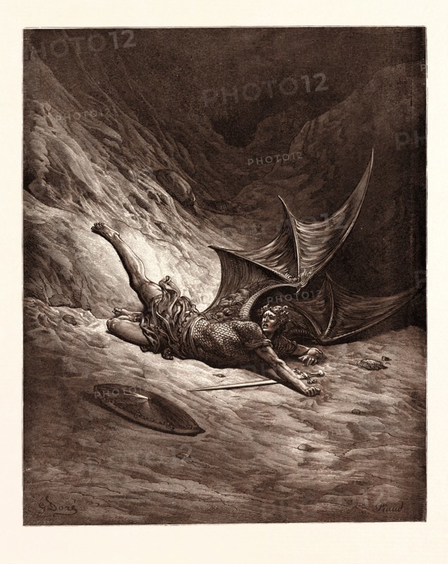 SATAN SMITTEN BY MICHAEL, BY Gustave Doré. Gustave Dore, 1832 - 1883, French. Engraving for Paradise Lost by Milton. 1870, Art, Artist, romanticism, colour, color engraving