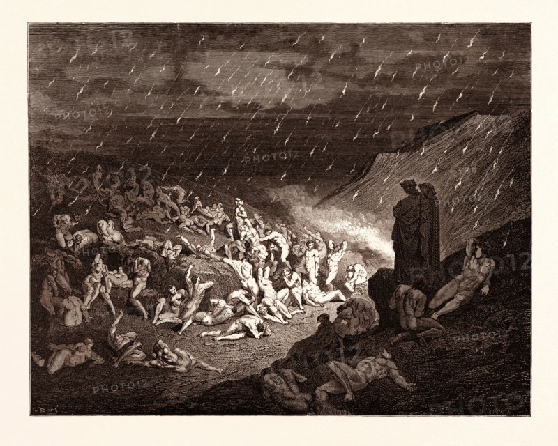 THE TORTURE OF THE FIERY RAIN, BY Gustave Doré. Gustave Dore, 1832 - 1883, French. Engraving for The Divine Comedy, Divina Commedia, by Dante Alighieri. 1870, Art, Artist, romanticism, colour, color engraving.