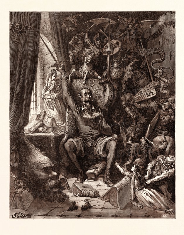 DON QUIXOTE IN HIS LIBRARY, BY Gustave Doré. Gustave Dore, 1832 - 1883, French. 1870, Art, Artist, romanticism, colour, color engraving.