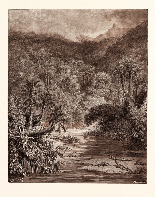 SCENERY ON THE MISSISSIPPI, BY Gustave Doré. Dore, 1832 - 1883, French. Engraving for Atala by Chateaubriand. 1870, Art, Artist, romanticism, colour, color engraving.