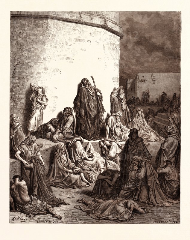 THE PEOPLE MOURNING OVER JERUSALEM, BY Gustave Doré. Dore, 1832 - 1883, French. Engraving for the Bible. 1870, Art, Artist, holy book, religion, religious, christianity, christian, romanticism, colour, color engraving.