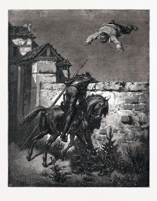SANCHO TOSSED IN A BLANKET, BY Gustave Doré. Dore, 1832 - 1883, French. Engraving for Don Quixote by Cervantes. 1870, Art, Artist, romanticism, colour, color engraving. 1870, Art, Artist, romanticism, colour, color engraving.