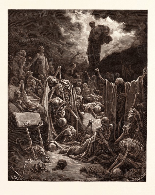 THE VISION OF THE VALLEY OF DRY BONES, EZEKIEL BY Gustave Doré. Dore, 1832 - 1883, French. 1870, Art, Artist, romanticism, colour, color engraving, becoming alive, bone, dead, death, ezechiel, metamorphosis, prophet, prophetic, resurrection, romantic, skeleton, vision