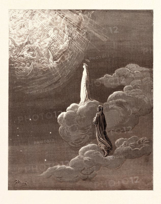 BEATRICE AND DANTE RISING TO THE FIFTH HEAVEN, BY Gustave Doré. Dore, 1832 - 1883, French. Engraving for The Divine Comedy, Divina Commedia, by Dante Alighieri. 1870, Art, Artist, romanticism, colour, color engraving.