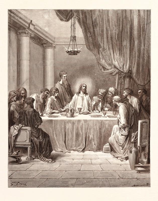 THE LAST SUPPER, BY Gustave Doré. Dore, 1832 - 1883, French. Engraving for the Bible. 1870, Art, Artist, holy book, religion, religious, christianity, christian, romanticism, colour, color engraving.