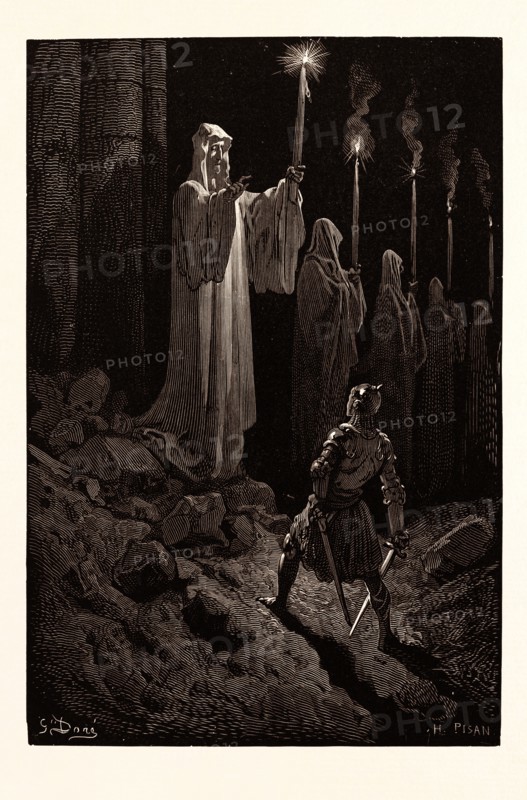 THE CORPSE CANDLES, BY Gustave Doré. a scene from the Legend of Croquemitaine, by Thomas Hood the Younger. Dore, 1832 - 1883, French, 1870, Art, Artist, romanticism, colour, color engraving.