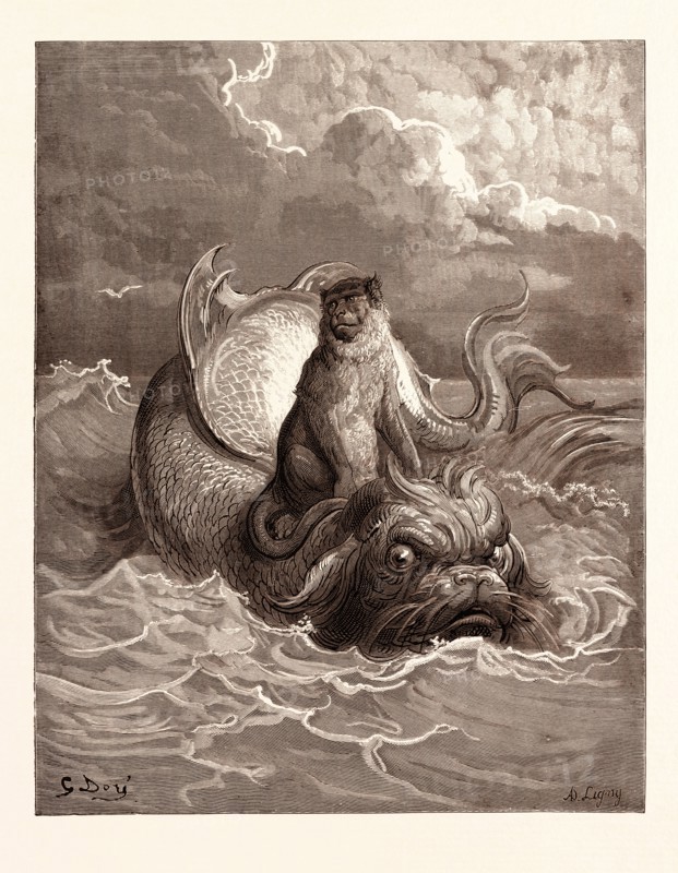 THE MONKEY AND THE DOLPHIN, BY Gustave Doré. Dore, 1832 - 1883, French. Engraving for Fables by -Jean de la Fontaine. 1870, Art, Artist, romanticism, colour, color engraving.