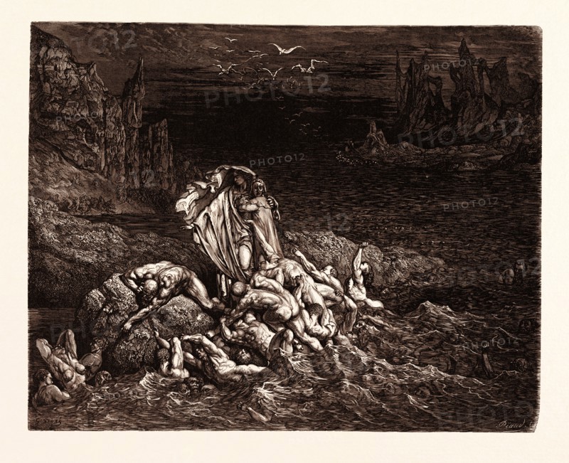 THE STYGIAN LAKE IN THE FIFTH CIRCLE OF HELL, BY Gustave Doré. Dore, 1832 - 1883, French. Engraving for The Divine Comedy, Divina Commedia, by Dante Alighieri. 1870, Art, Artist, romanticism, colour, color engraving.