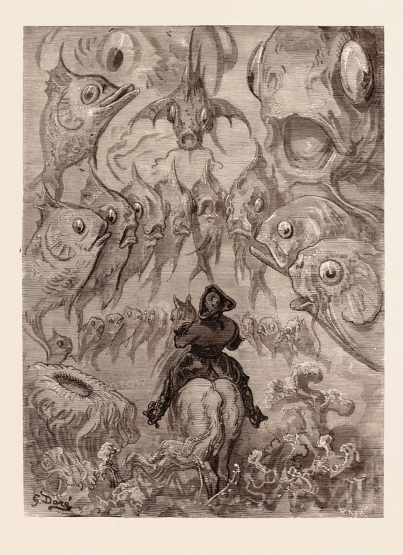A SUBMARINE WORLD, BY Gustave Doré. Dore, 1832 - 1883, French. Engraving for The adventures of Baron von Munchausen by Rudolph Erich Raspe, engraved by Stephane Pannemaker c. 1868. Art, Artist, romanticism, colour, color engraving.