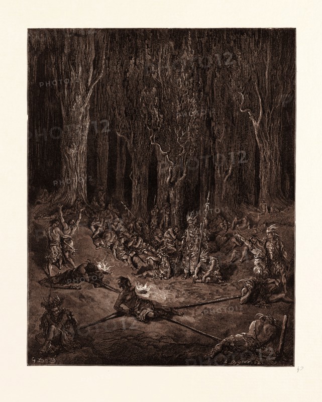 CHACTAS A CAPTIVE, BY GUSTAVE DORE. Chactas captured by Muscogulges and Siminoles. Dore, 1832 - 1883, French. Engraving for Atala by Chateaubriand. 1870, Art, Artist, romanticism, colour, color engraving.