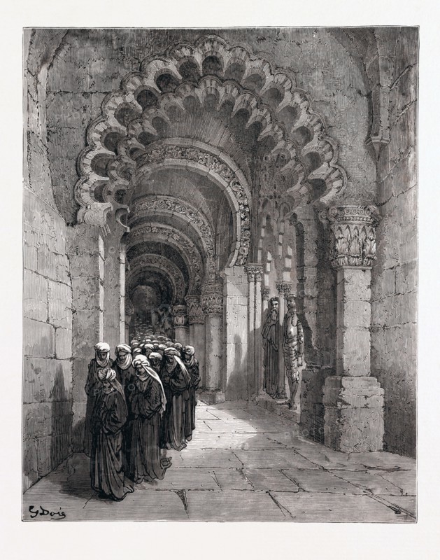 THE MOURNERS FOR DURANDARTE IN THE CAVE OF MONTESINOS, BY Gustave Doré. Dore, 1832 - 1883, French. Engraving for Don Quixote by Miguel de Cervantes. 1870, Art, Artist, romanticism, colour, color