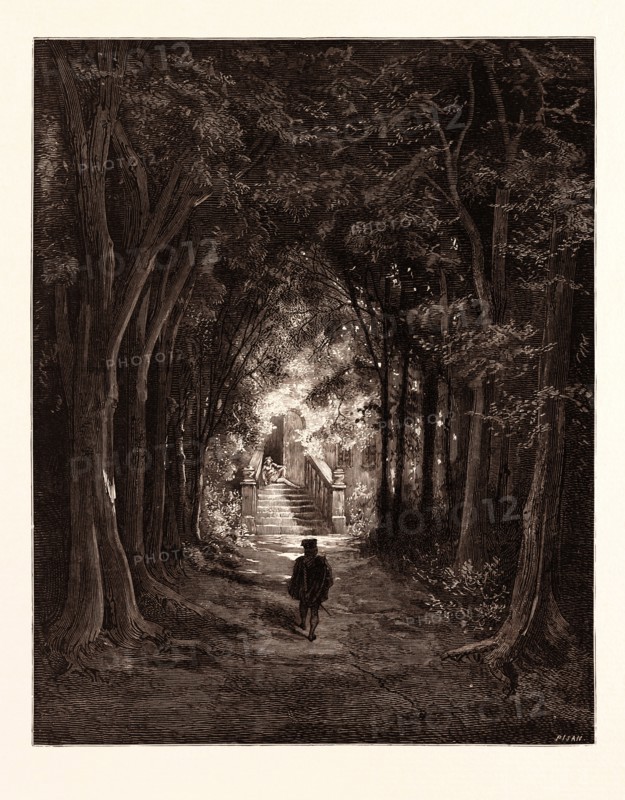 THE APPROACH TO THE ENCHANTED PALACE, BY Gustave Doré. Dore, 1832 - 1883, French. Engraving for the Fairy Realm. 1870, Art, Artist, romanticism, colour, color engraving.