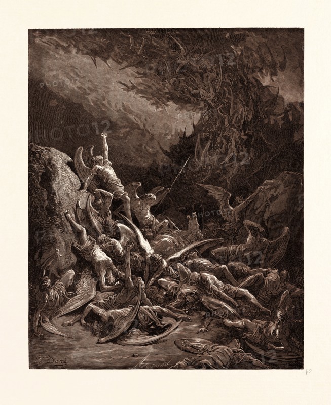THE FALL OF THE REBEL ANGELS, BY GUSTAVE DORE. Dore, 1832 - 1883, French. Engraving for Paradise Lost by Milton. 1870, Art, Artist, romanticism, colour, color engraving.