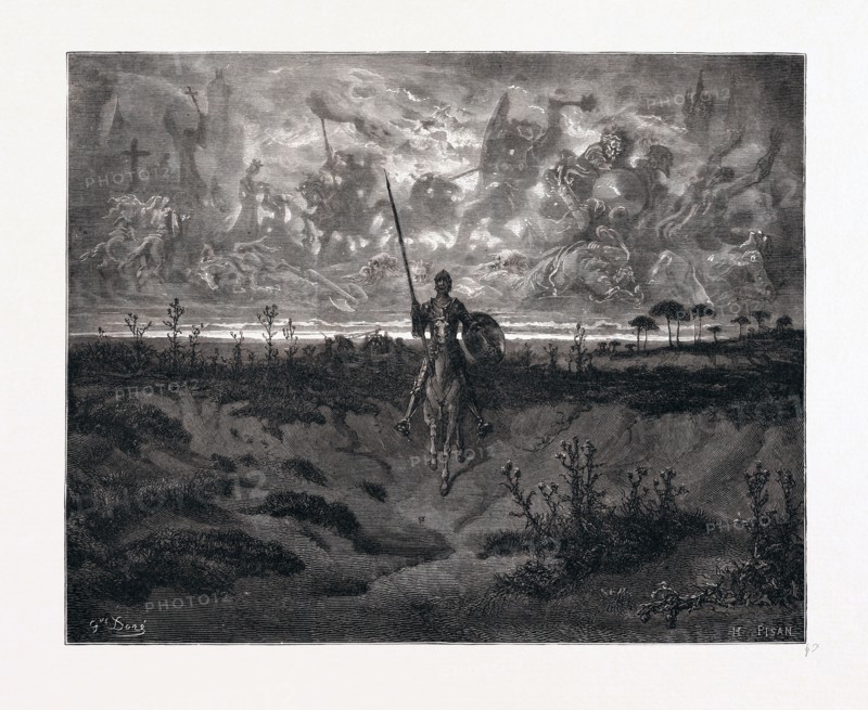 DON QUIXOTE SETTING OUT ON HIS ADVENTURES, BY GUSTAVE DORE. Dore, 1832 - 1883, French. Engraving for Don Quixote by Miguel de Cervantes. 1870, Art, Artist, romanticism, colour, color