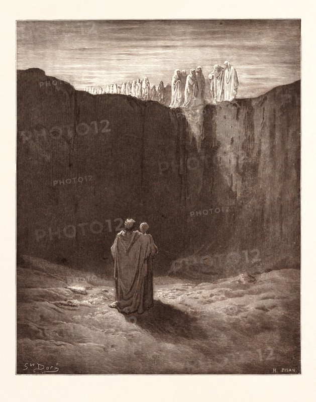 A TROOP OF SPIRITS IN PURGATORY, BY Gustave Doré. Dore, 1832 - 1883, French. Engraving for the Purgatorio or Purgatory by Dante Alighieri. 1870, Art, Artist, romanticism, colour, color engraving.