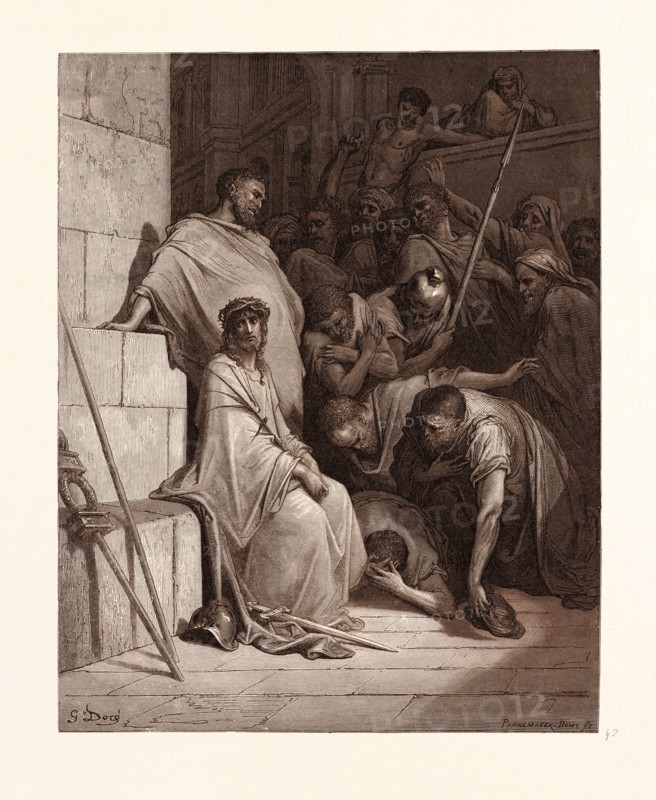 CHRIST MOCKED, BY GUSTAVE DORE. Dore, 1832 - 1883, French. Engraving for the Bible. 1870, Art, Artist, holy book, religion, religious, christianity, christian, romanticism, colour, color engraving.