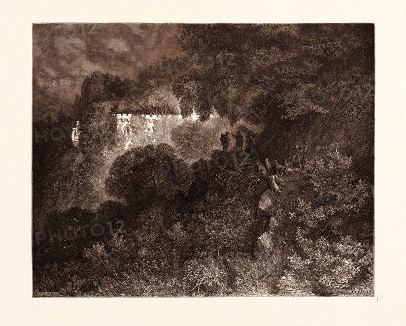 THE PALACE OF SLEEP, BY GUSTAVE DORE. Dore, 1832 - 1883, French. Engraving for Charles Perrault (1628-1703), Fairy Tales. 1870, Art, Artist, romanticism, colour, color