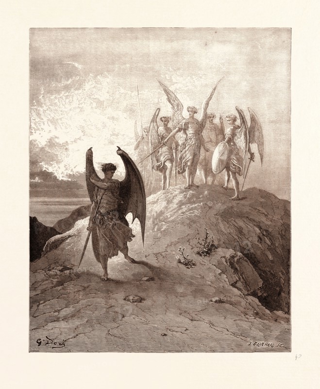 SATAN VANQUISHED, BY GUSTAVE DORE. Dore, 1832 - 1883, French. Engraving for Paradise Lost by Milton. 1870, Art, Artist, romanticism, colour, color engraving.