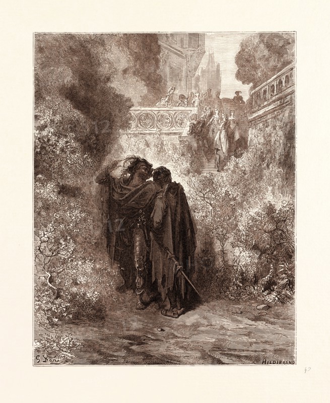 THE FOX AND THE GRAPES, BY GUSTAVE DORE. One of the Aesop's fables. Dore, 1832 - 1883, French. 1870, Art, Artist, romanticism, colour, color engraving.