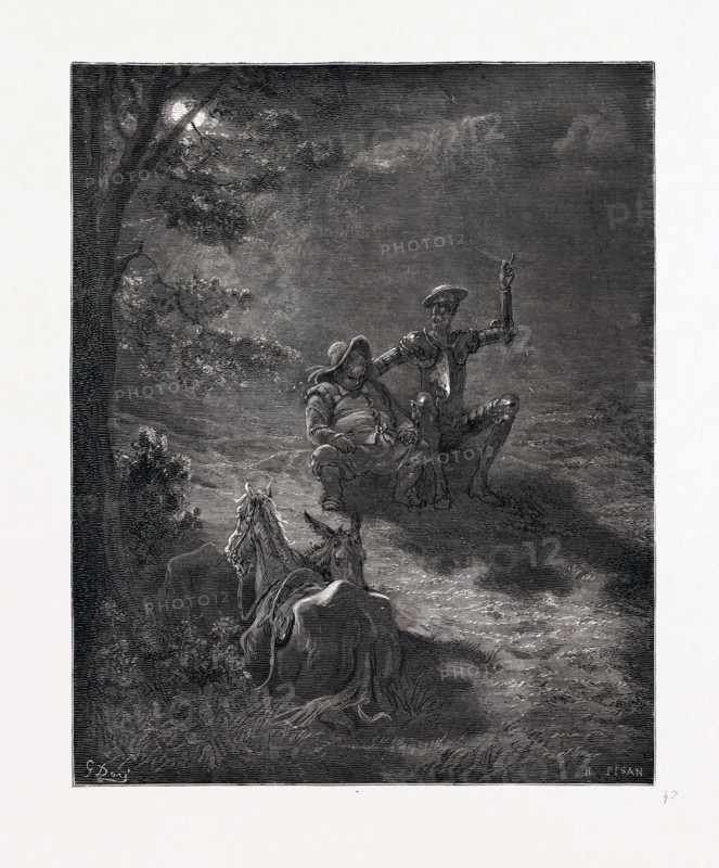 A NOCTURNAL DISCOURSE, BY GUSTAVE DORE. Dore, 1832 - 1883, French. Engraving for Don Quixote by Miguel de Cervantes. Engraved by Heliodore Joseph Pisan, c. 1868, Art, Artist, romanticism, colour, color