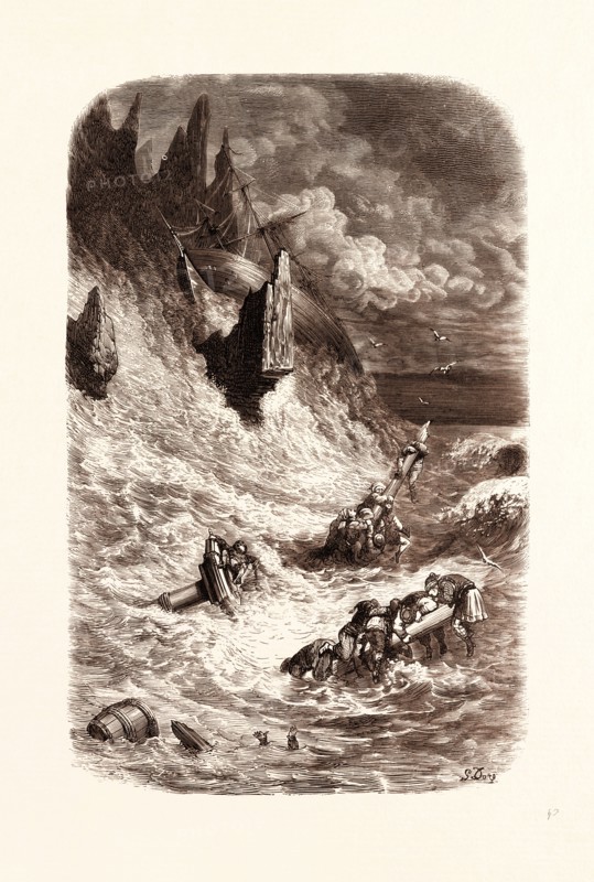 STRANDING OF SINBAD'S SHIP, BY GUSTAVE DORE, 1832 - 1883, French. 1870, Art, Artist, romanticism, colour, color engraving.