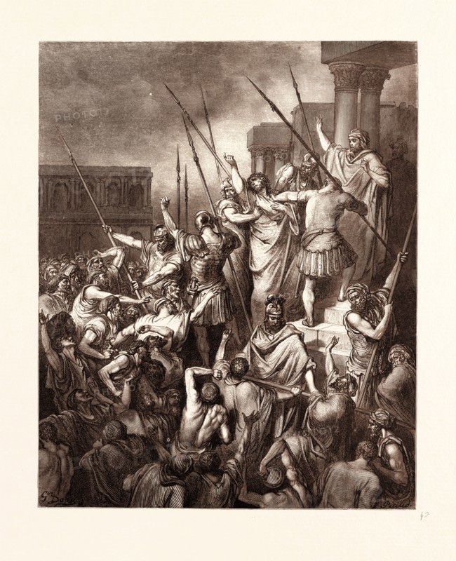 SAINT PAUL RESCUED FROM THE MULTITUDE, BY GUSTAVE DORE, 1832 - 1883, French. Engraving for the Bible. 1870, Art, Artist, holy book, religion, religious, christianity, christian, romanticism, colour, color engraving.