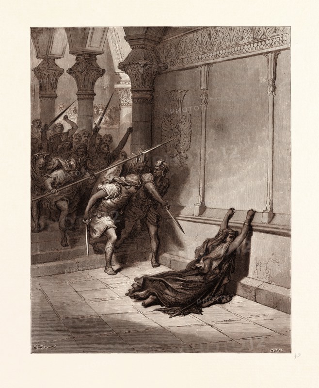DEATH OF ATHALIAH, BY GUSTAVE DORE, 1832 - 1883, French. Engraving for the Bible. 1870, Art, Artist, holy book, religion, religious, christianity, christian, romanticism, colour, color engraving.