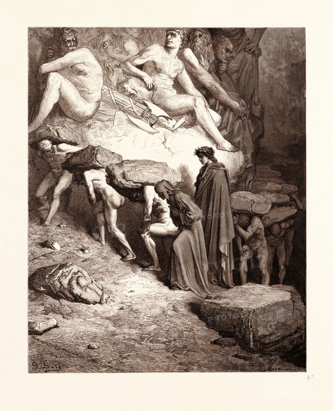 THE BURDEN OF PRIDE, BY GUSTAVE DORE, 1832 - 1883, French. Engraving for the Purgatorio or Purgatory by Dante Alighieri. 1870, Art, Artist, romanticism, colour, color engraving.