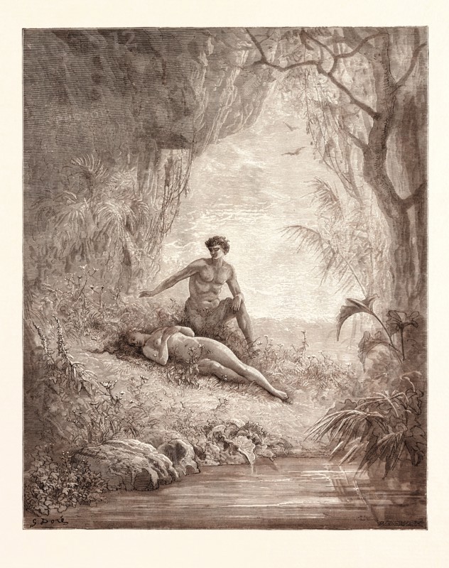 ADAM AND EVE, BY Gustave Doré. Dore, 1832 - 1883, French. Engraving for the Bible. 1870, Art, Artist, holy book, religion, religious, christianity, christian, romanticism, colour, color engraving.