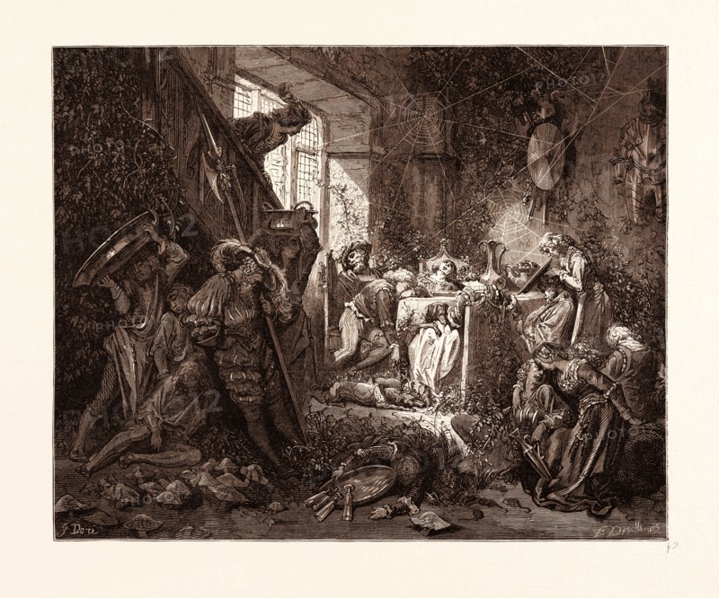 THE PRINCE IN THE BANQUETING-HALL, BY GUSTAVE DORE, 1832 - 1883, French. Fairy tale of the Sleeping Beauty. 1870, Art, Artist, romanticism, colour, color