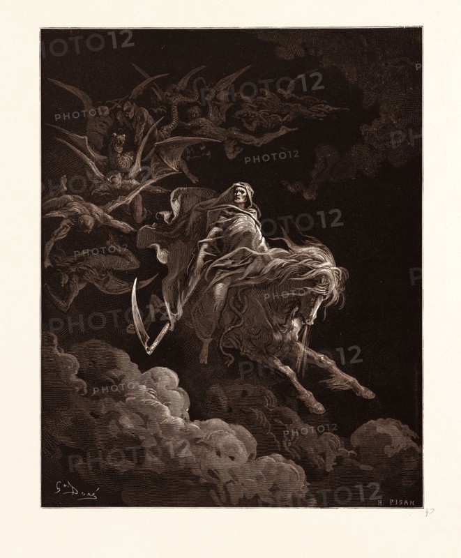 THE VISION OF DEATH, BY GUSTAVE DORE, 1832 - 1883, French. Engraving for the Bible. 1870, Art, Artist, holy book, religion, religious, christianity, christian, romanticism, colour, color engraving.
