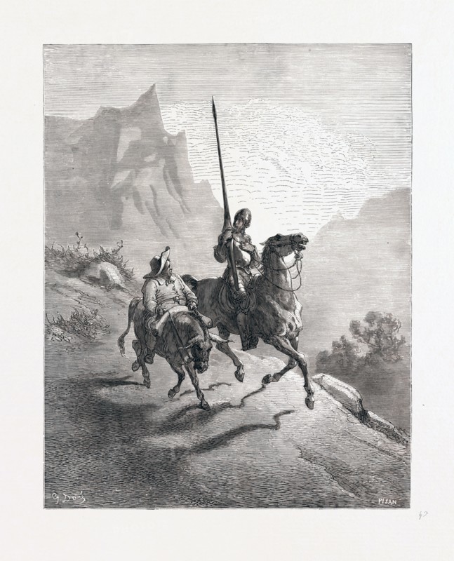 DON QUIXOTE AND SANCHO SETTING OUT, BY GUSTAVE DORE, 1832 - 1883, French. Engraving for Don Quixote by Miguel de Cervantes. 1870, Art, Artist, romanticism, colour, color