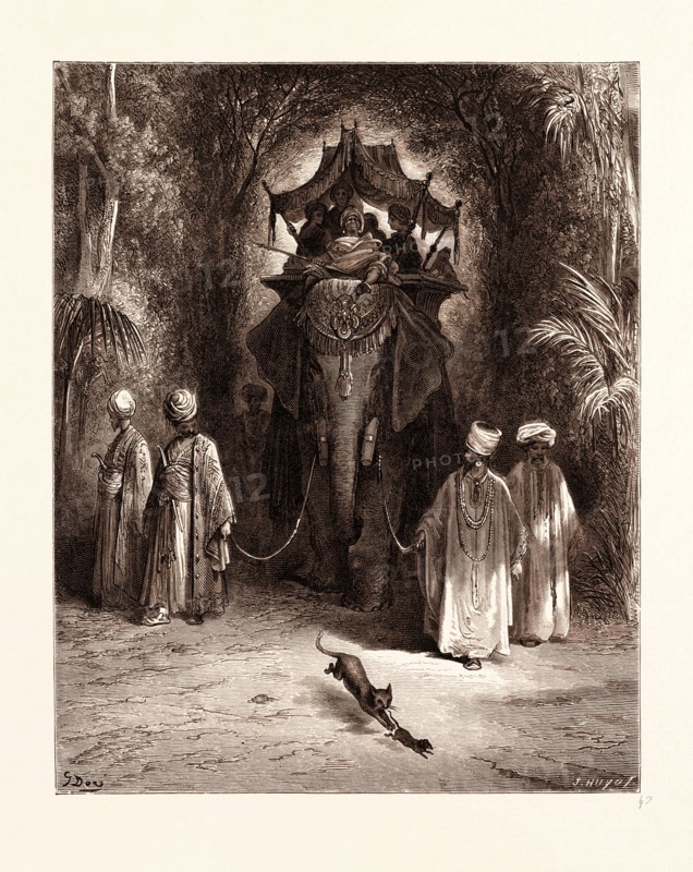 THE RAT AND THE ELEPHANT, BY GUSTAVE DORE, 1832 - 1883, French. Engraving for Fables by Jean de la Fontaine. 1870, Art, Artist, romanticism, colour, color engraving.
