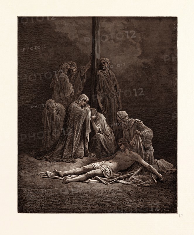 THE DEAD CHRIST, BY GUSTAVE DORE, 1832 - 1883, French. Engraving for the Bible. engraved by Adolphe Francois Pannemaker, Belgian, 1822-1900, c. 1870, Art, Artist, holy book, religion, religious, christianity, christian, romanticism, colour, color engraving.