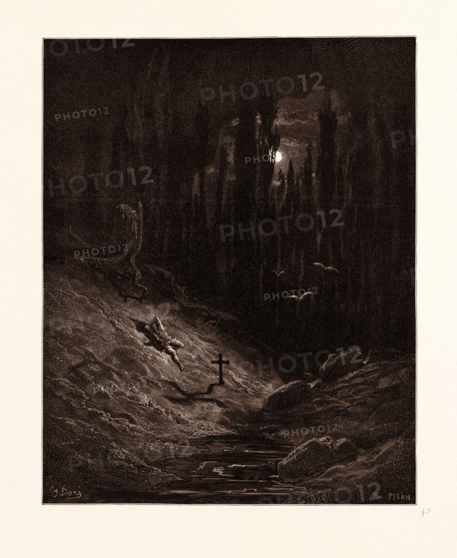THE VIGIL BY THE GRAVE, BY GUSTAVE DORE, 1832 - 1883, French. Engraving for Atala by Chateaubriand. 1870, Art, Artist, romanticism, colour, color engraving.