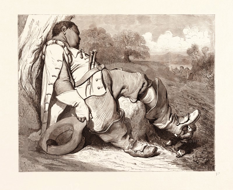 Hop o'My Thumb stealing the Seven-League boots from the Orge, BY GUSTAVE DORE, 1832 - 1883, French. Engraving for the fairy tales in Fairy Realm, by Tom Hood the Younger. 1870, Art, Artist, romanticism, colour, color engraving.