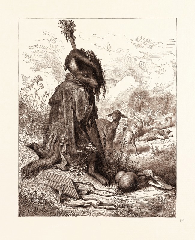 THE WOLF TURNED SHEPHERD, BY GUSTAVE DORE, 1832 - 1883, French. Engraving for Fables by Jean de la Fontaine. 1870, Art, Artist, romanticism, colour, color engraving.