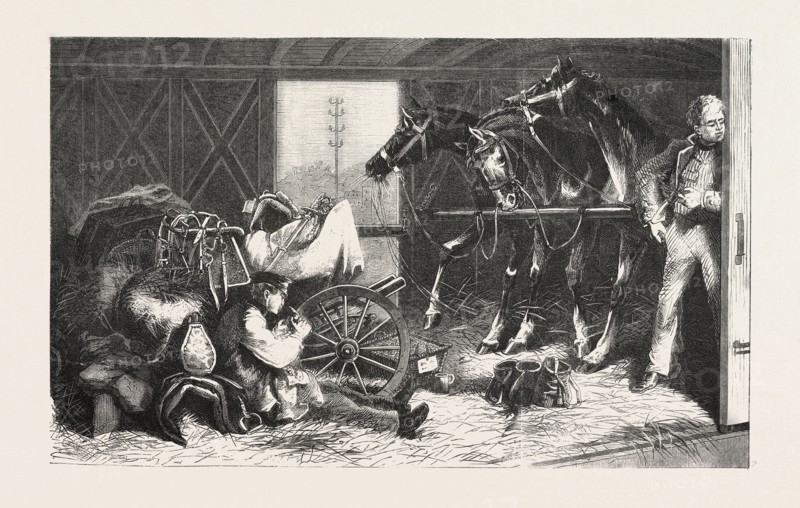 FRANCO-PRUSSIAN WAR: CAVALRY TRANSPORT BY RAIL, INTERIOR OF A STABLE-WAGON 1870