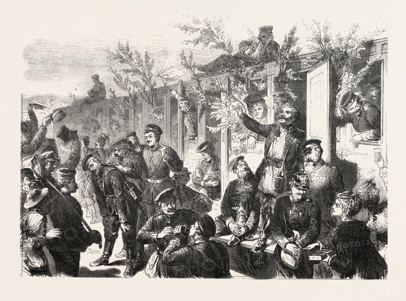 FRANCO-PRUSSIAN WAR: ARRIVAL OF THE 17th REGIMENT INFANTRY AT THE RAILWAY STATION OF DUSSELDORF 1870