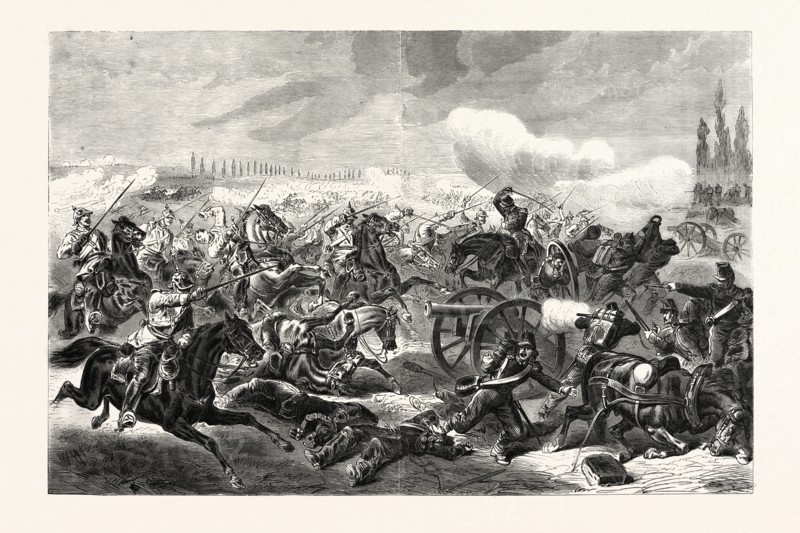 FRANCO-PRUSSIAN WAR: A FRENCH BATTERY TAKEN BY THE 7th REGIMENT OF PRUSSIAN MOUNTED CAVALRY SOLDIERS, THE BATTLE OF MARS-LA-TOUR ON 16 AUGUST 1870
