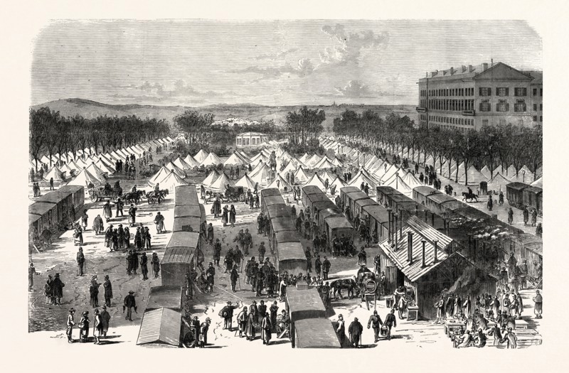FRANCO-PRUSSIAN WAR: ESTABLISHED HOSPITAL IN TENTS AND IN CARS, THE ESPLANADE OF METZ, NOVEMBER 1, AFTER THE SURRENDER 1870