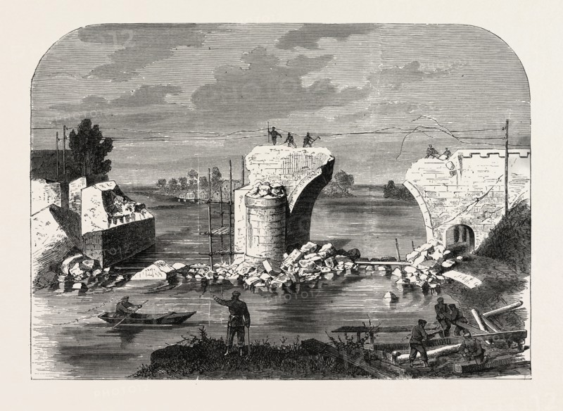 FRANCO-PRUSSIAN WAR: BRIDGE OVER THE MARNE IN TRILPORT NEAR MEAUX, DESTROYED BY THE FRENCH 1870