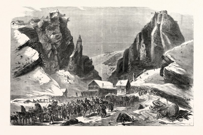 FRANCO-PRUSSIAN WAR: THE ARMY OF BOURBAKI PASSING THE FORTIFICATIONS JOUX AND LARMONT  NEAR THE CLUSE