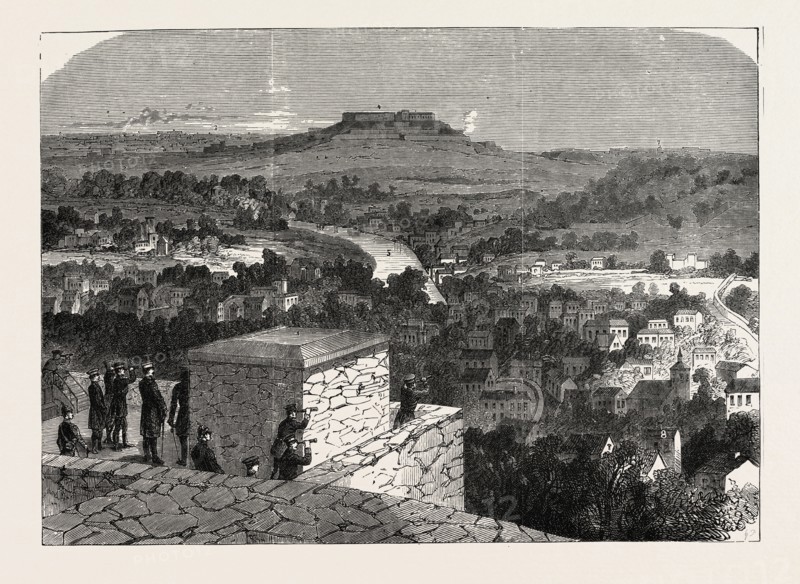 FRANCO-PRUSSIAN WAR: VIEW OF MONT-Valerian, BATTLE OF LOUVECIENNES: 2. Village of Rueil AND PARK Malmaison 3. Fortifications of Moulin-AÂ -Vent  4. Fort Mont Valerian. 5. The Seine. 6. Castle Bougival. 7. The dome of the Invalides. 8. Louveciennes, 1870